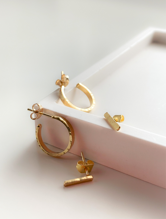 Gold Vermeil Mini Hoop and Bar Stud Set Earrings
