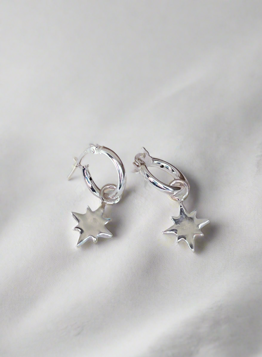 Sterling Silver Guiding North Star Charm Hoop Earrings
