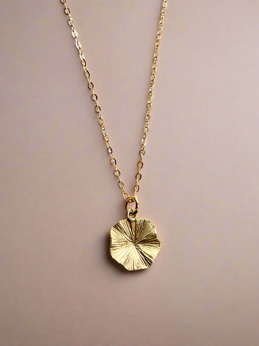 Gold necklace with a circular pendant on a beige background