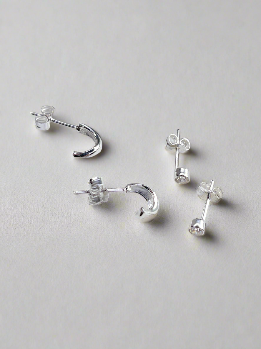 Sterling Silver Wave Half Hoop Earrings & Sparkle Stud Set