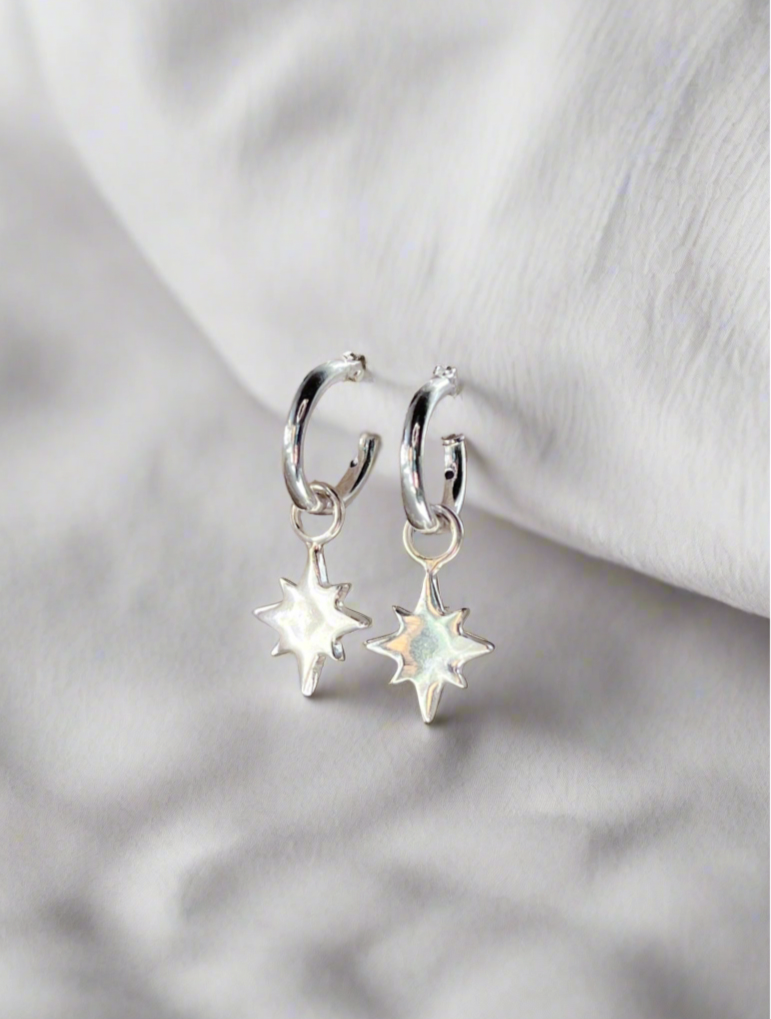 Sterling Silver Guiding North Star Charm Hoop Earrings