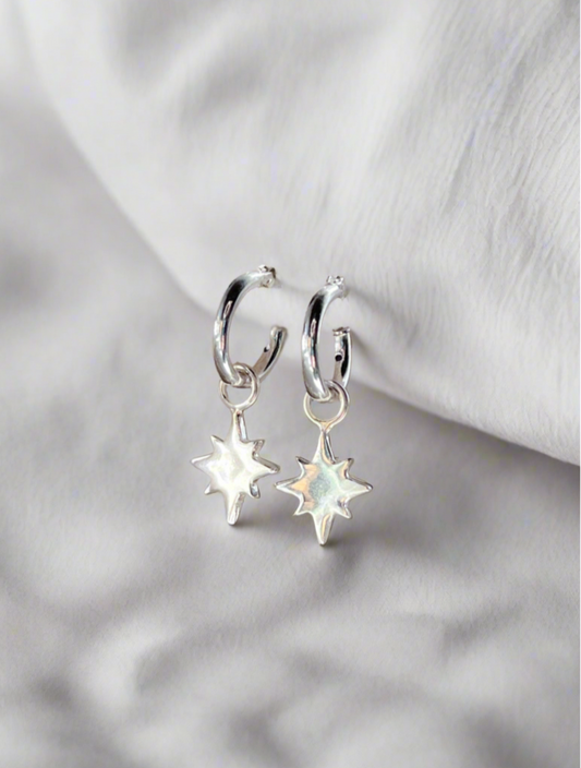 Sterling Silver Guiding North Star Charm Hoop Earrings