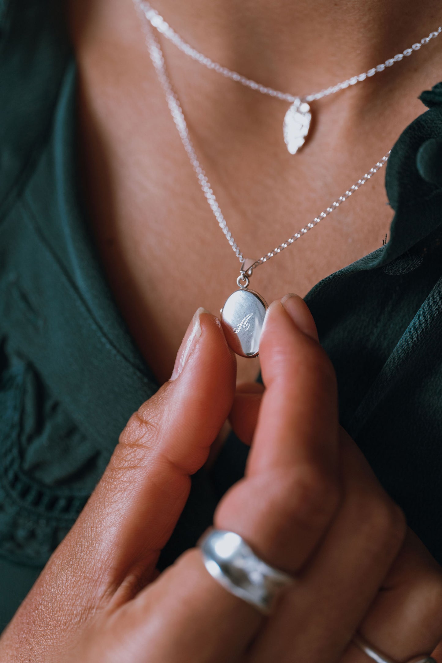 Sterling Silver Oval Locket Necklace with Initial Engraving