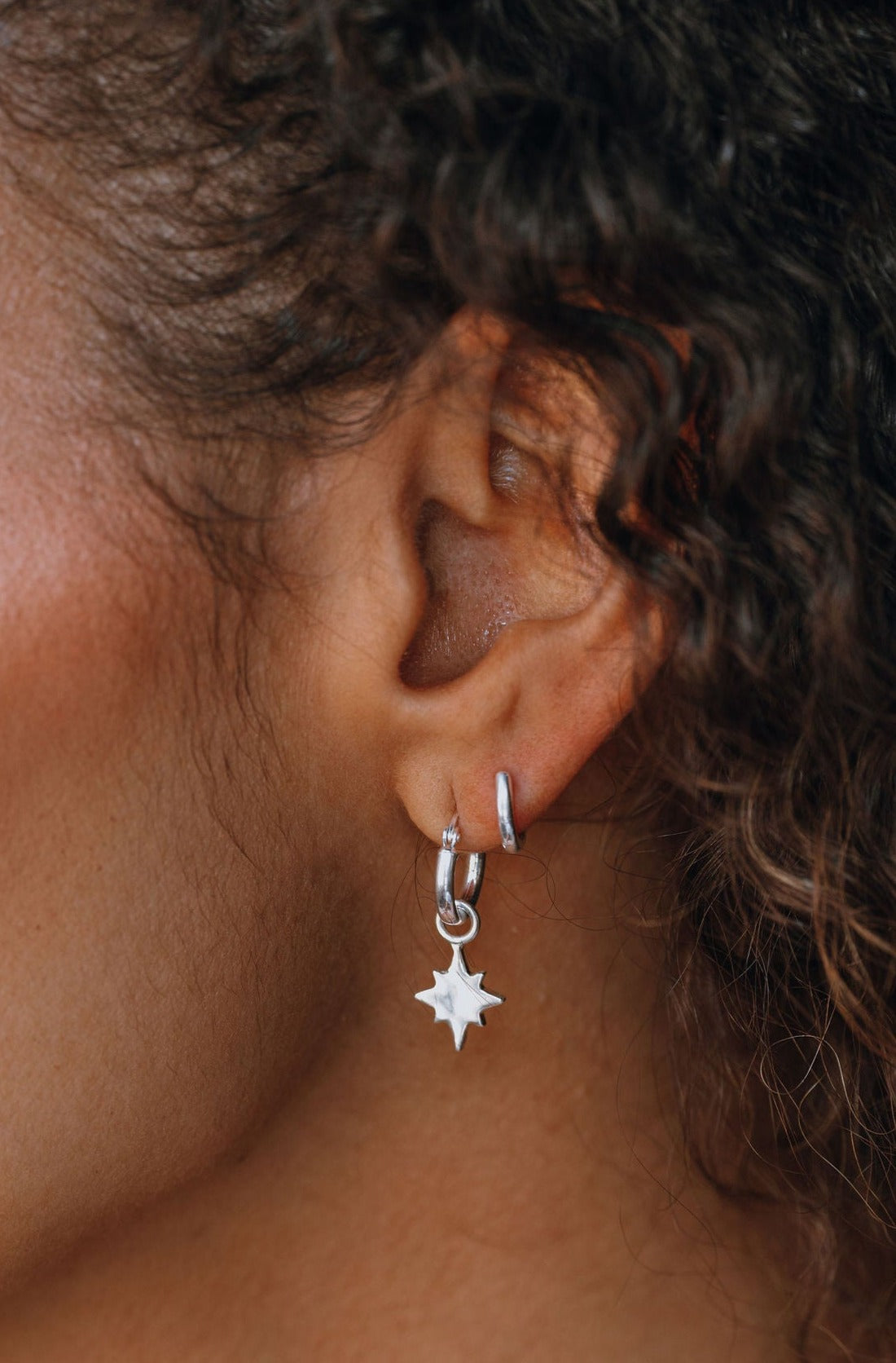 Sterling Silver Guiding North Star Charm Hoop Earrings