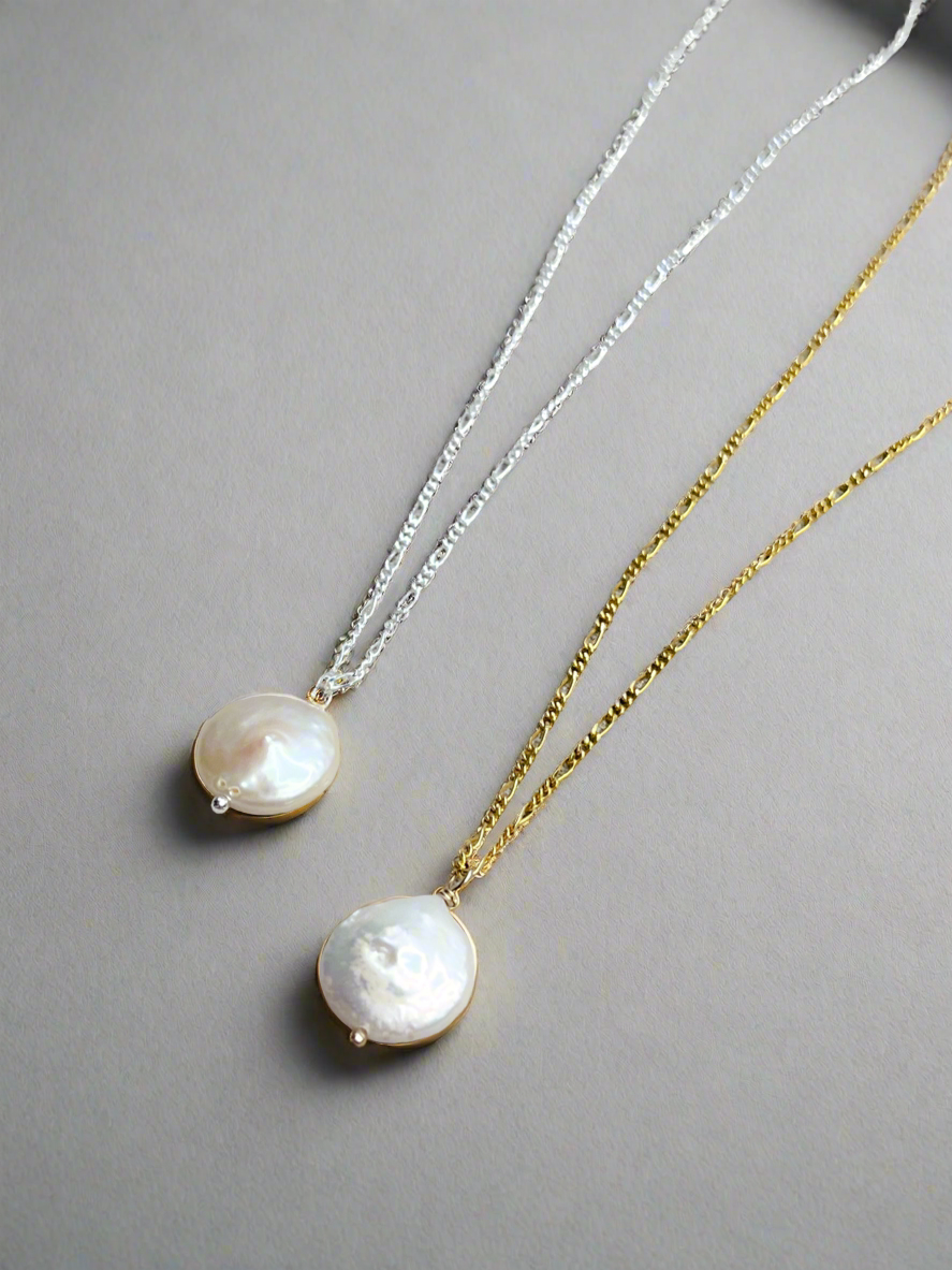 Sterling Silver & Gold Vermeil Freshwater Coin Pearl Pendant Necklace