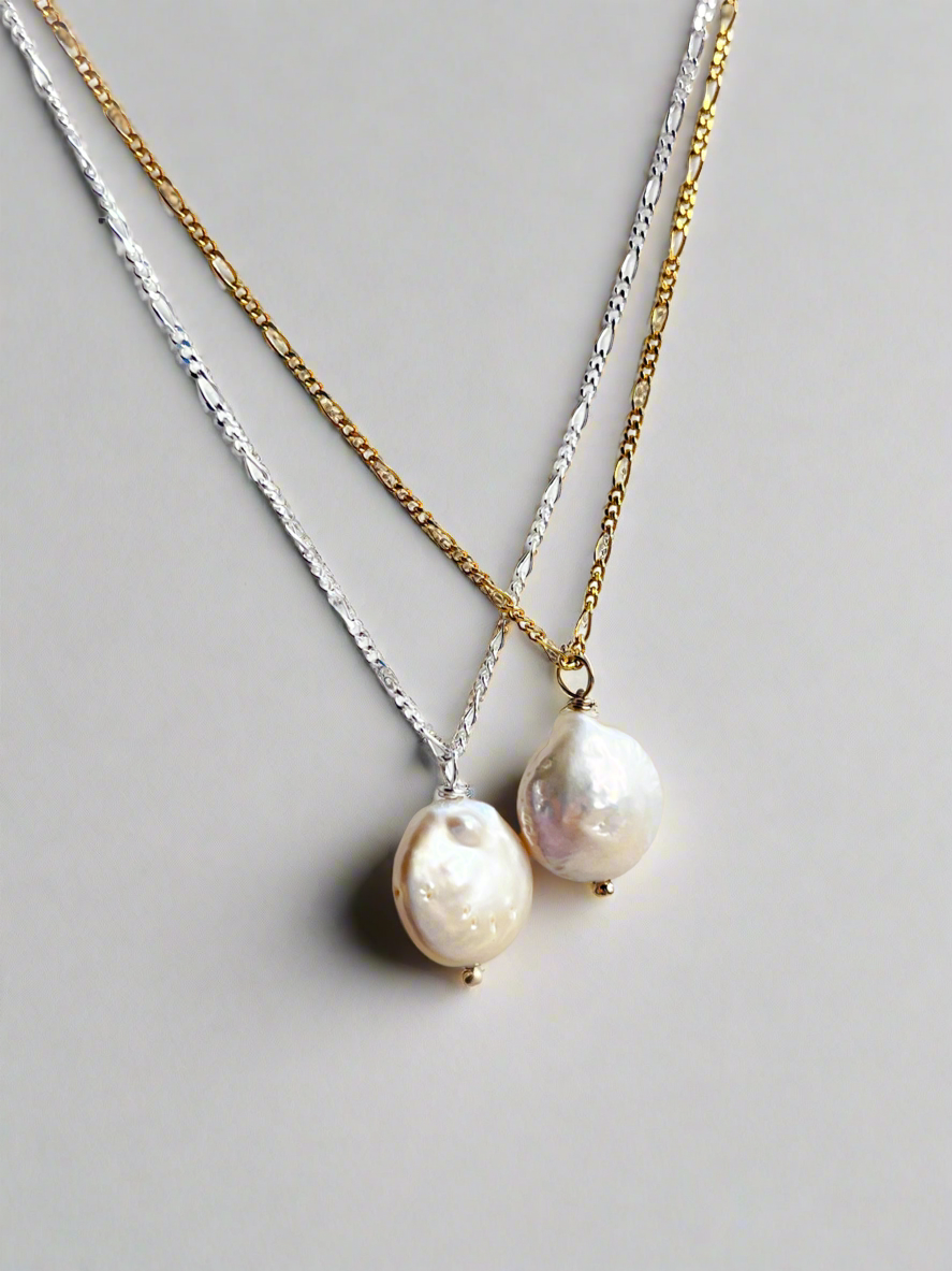 Sterling Silver & Gold Vermeil Freshwater Coin Pearl Pendant Necklace