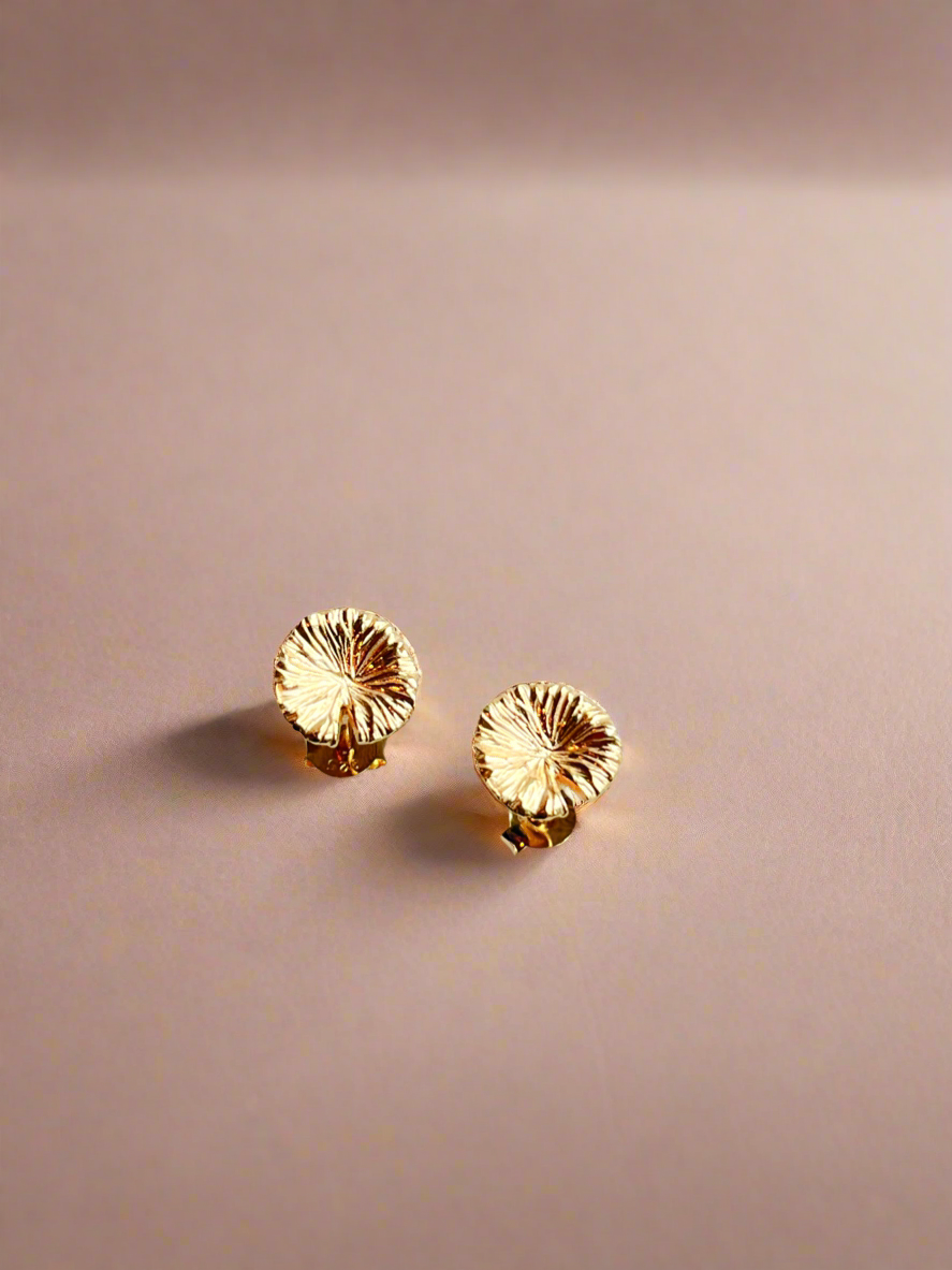 Gold earrings on a pink background