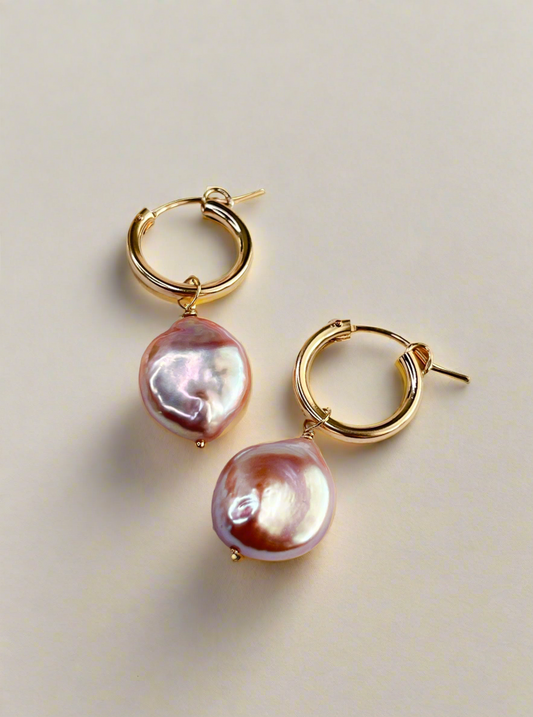 Gold Vermeil & Lavender Metallic Freshwater Pearl Hoop Earrings