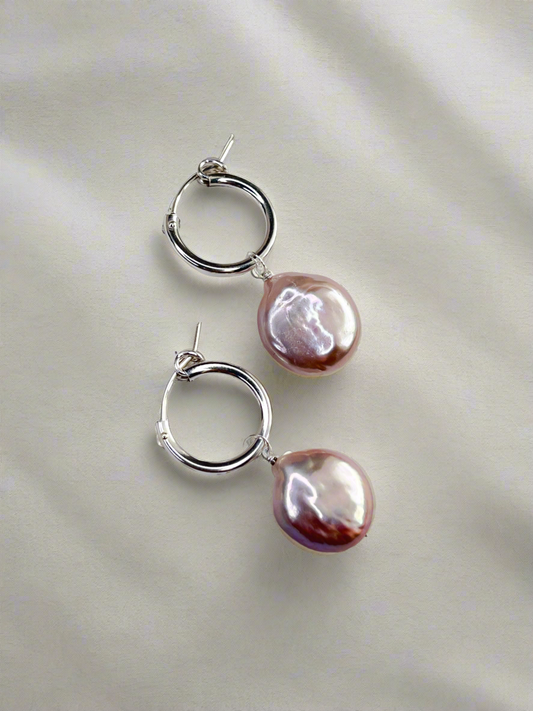 Sterling Silver & Lavender Metallic Freshwater Pearl Hoop Earrings