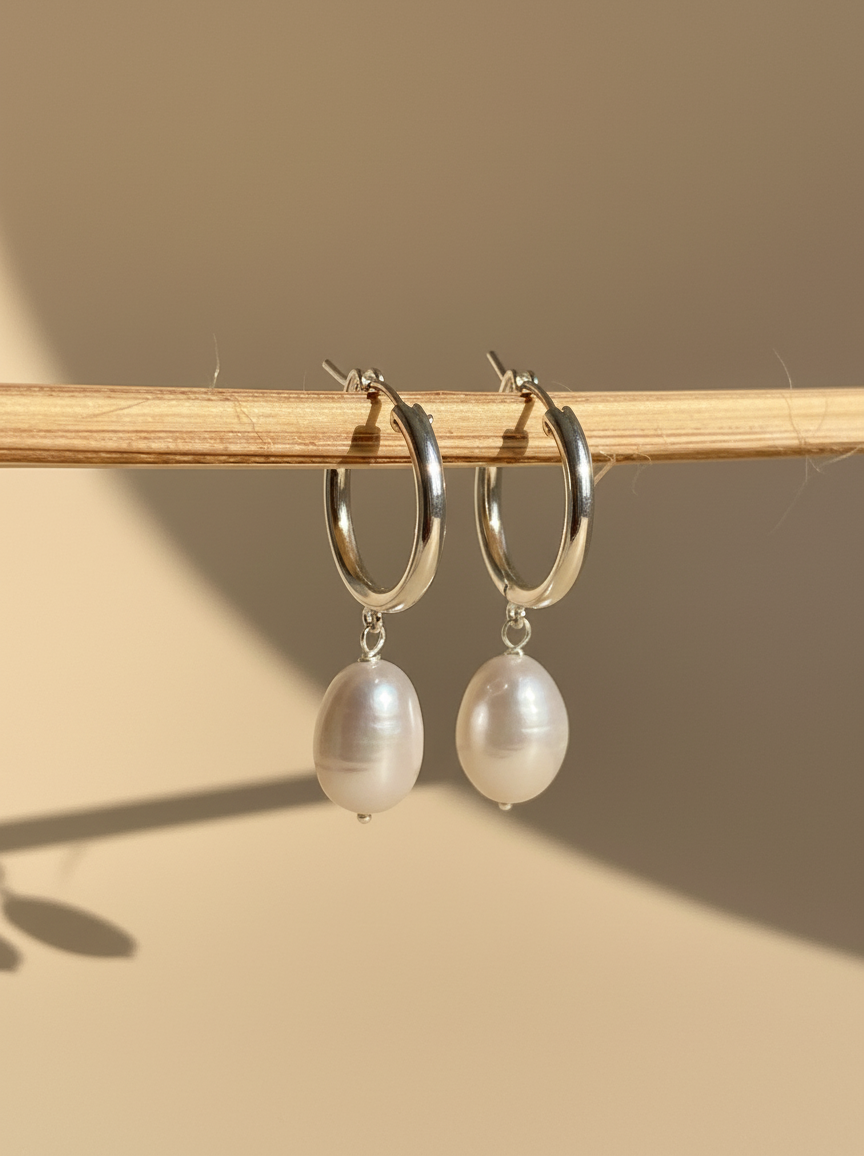 Silver hoop earrings with pearl drops on a white surface
