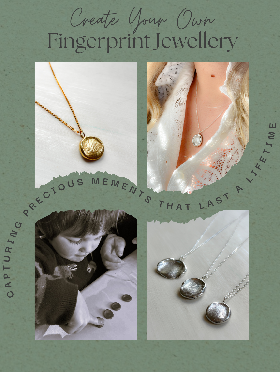 Myleti jewellery advertisement with fingerprint jewelry on a green background