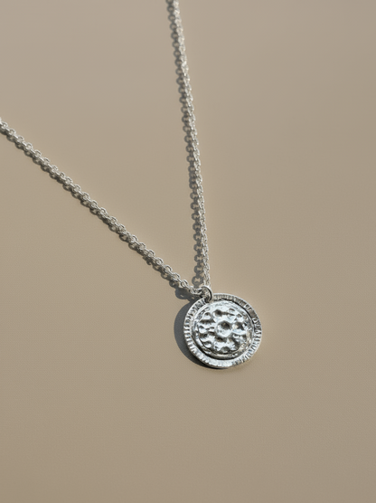 Silver necklace with a round pendant on a beige background