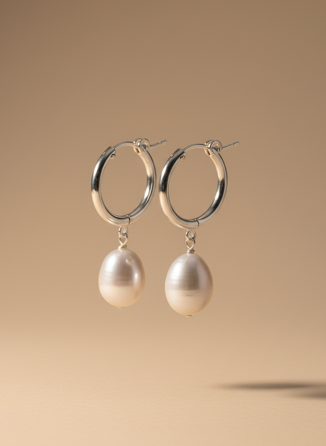 Silver hoop earrings with teardrop-shaped stones on a wooden stick.