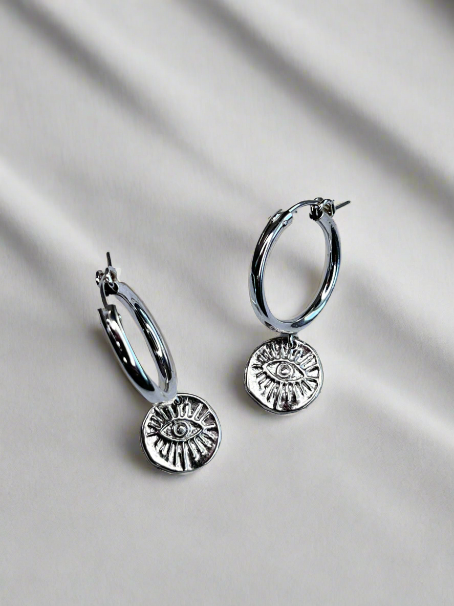 Sterling Silver Ancient Eye Luck Hoop Earrings