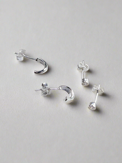 Sterling Silver Wave Half Hoop Earrings & Sparkle Stud Set - Myleti Jewellery