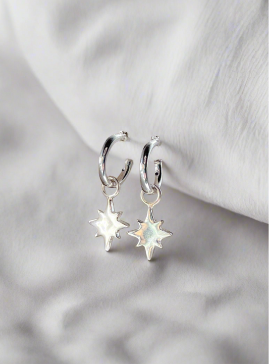 Sterling Silver Guiding North Star Charm Hoop Earrings