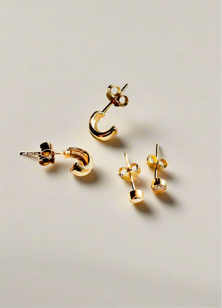 Gold Vermeil Wave Half Hoop Earrings and Sparkle Stud Set