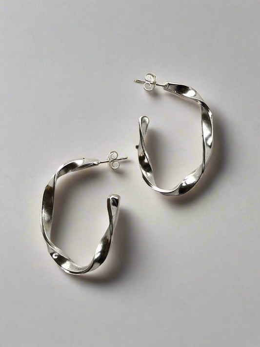 Sterling Silver Organic twist Oval Hoop Earrings