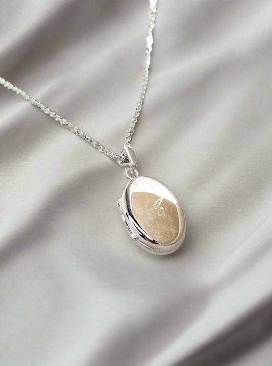 Sterling Silver Oval Locket Necklace with Initial Engraving