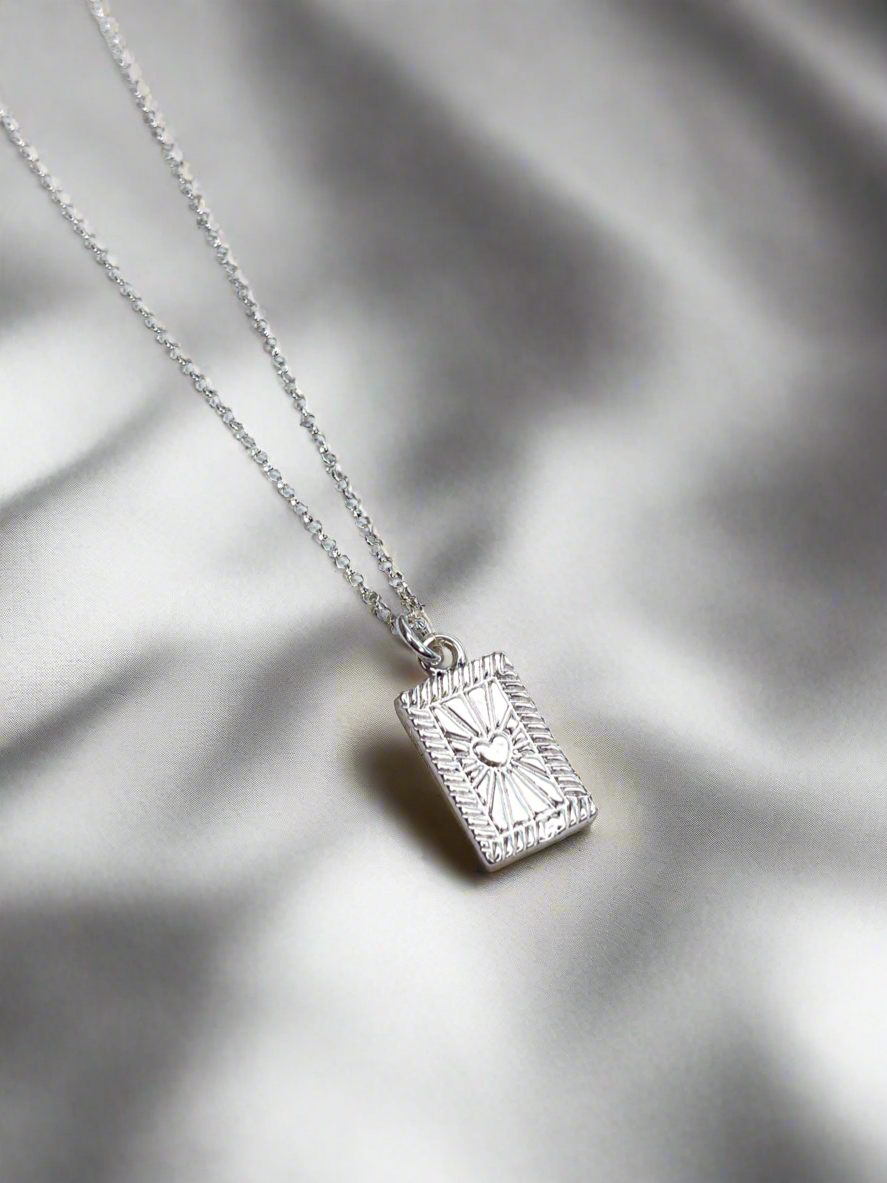 Sterling Silver Glowing Heart Rectangle Pendant Necklace