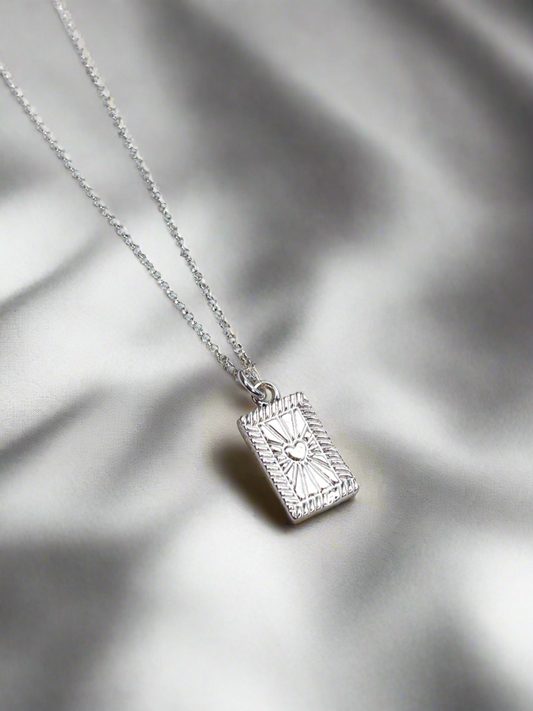 Sterling Silver Glowing Heart Rectangle Pendant Necklace