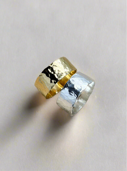 Sterling Silver & Gold Vermeil Wide Hammered Statement Band Ring - Myleti Jewellery
