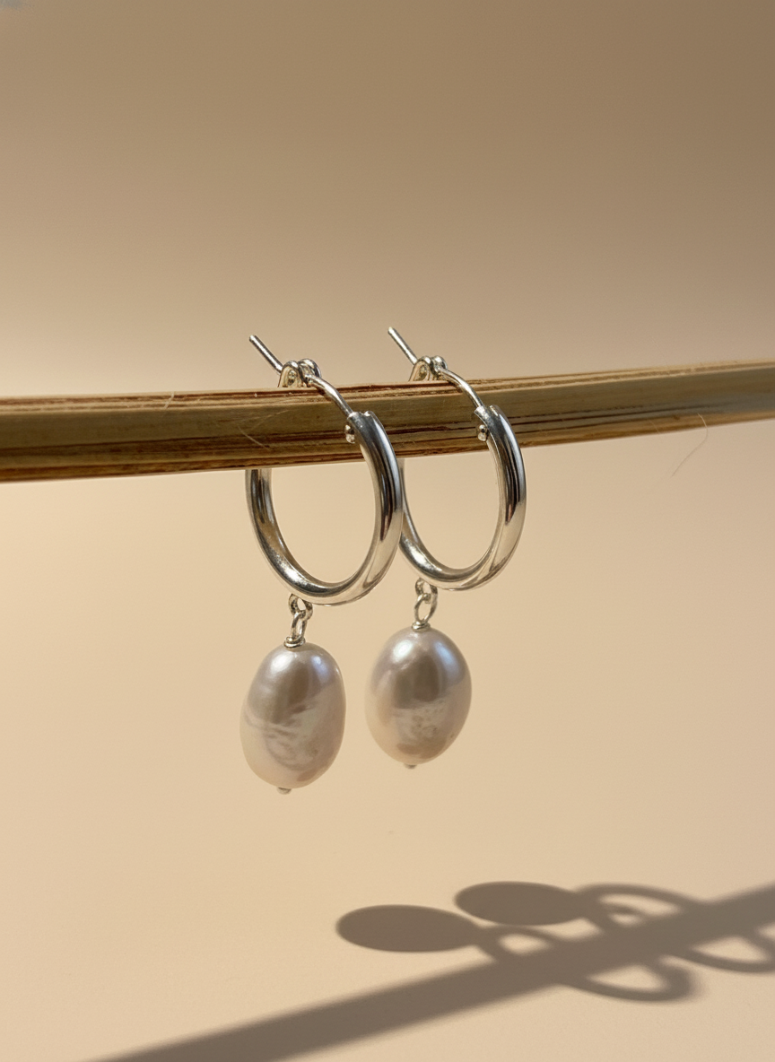 Silver hoop earrings with pearl drops on a white background