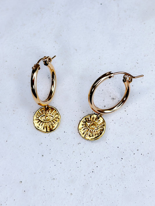 Gold Vermeil Ancient Eye Luck Hoop Earrings