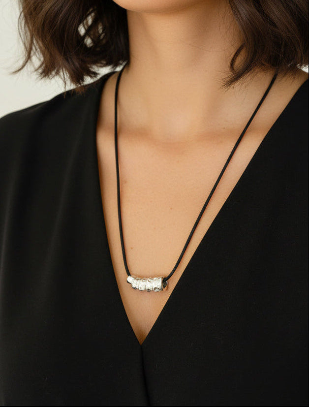 Sterling Silver Textured Pendant Cord Necklace