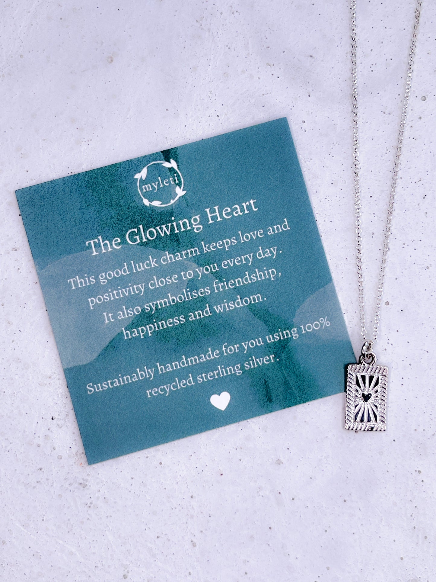 Sterling Silver Glowing Heart Rectangle Pendant Necklace