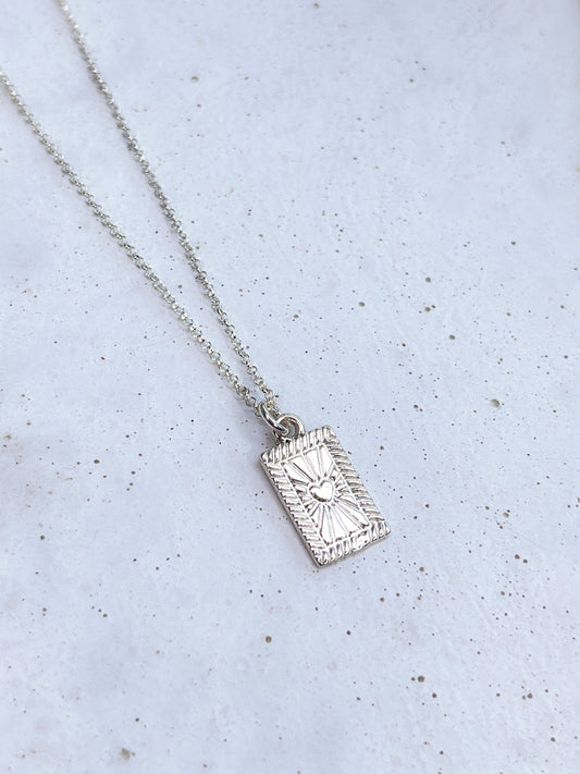 Sterling Silver Glowing Heart Rectangle Pendant Necklace