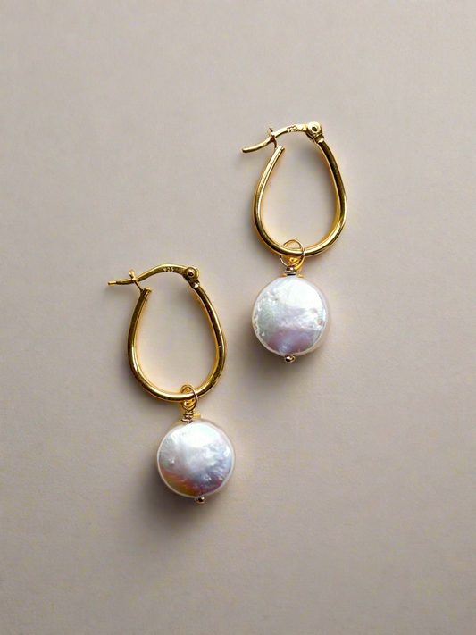 Gold Vermeil & Pearl Oval Hoop Drop Earrings