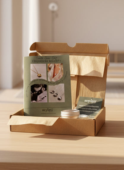 Myleti jewelry kit with packaging and instructions on a wooden surface.