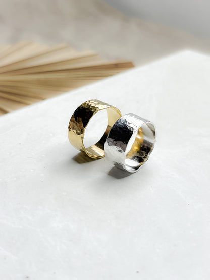 Sterling Silver & Gold Vermeil Wide Hammered Statement Band Ring - Myleti Jewellery